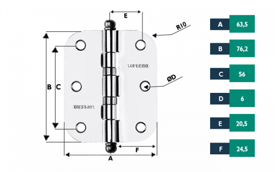DOBRADICA MEDIA 3X2.1/2 CROM C/ANEL RED PINO BOLA - Soprano