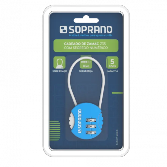 CADEADO DE ZAMAC SEGREDO COLOR AZUL Z35 BLISTER - Soprano