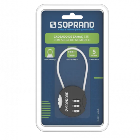 CADEADO DE ZAMAC SEGREDO COLOR PRETO Z35 BLISTER - Soprano