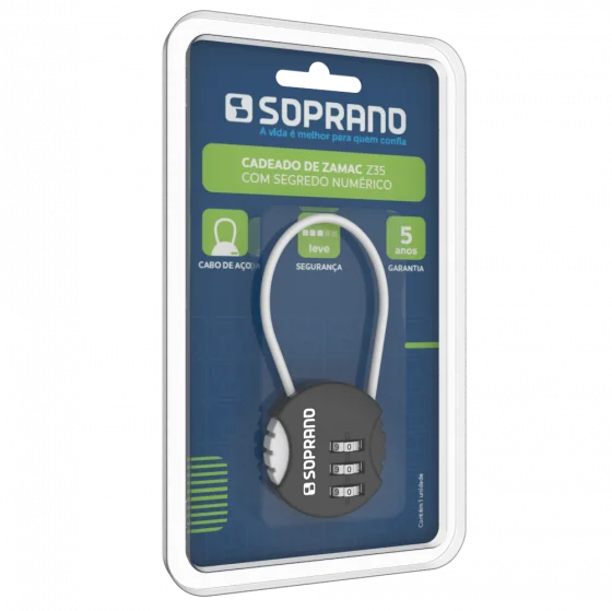 CADEADO DE ZAMAC SEGREDO COLOR PRETO Z35 BLISTER - Soprano