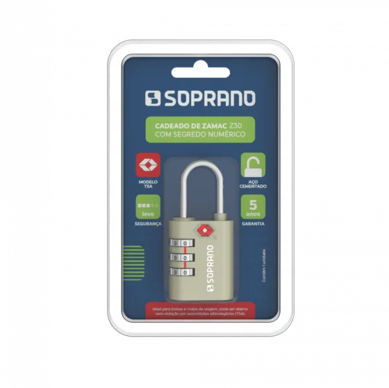 CADEADO DE ZAMAC TSA SEGREDO ACETINADO Z30 BLISTER - Soprano