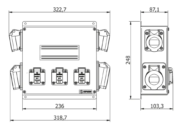 CAIXA METAL MULTI USO C/ TOMADAS IP44 236X248X87  - Soprano